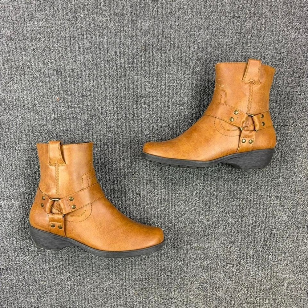 Aerosoles Brown Harness Strap Motorcycle Western Biker Short‎ Side Zip Boots